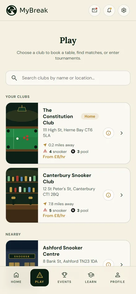 MyBreak app: book a table and find a game at your club